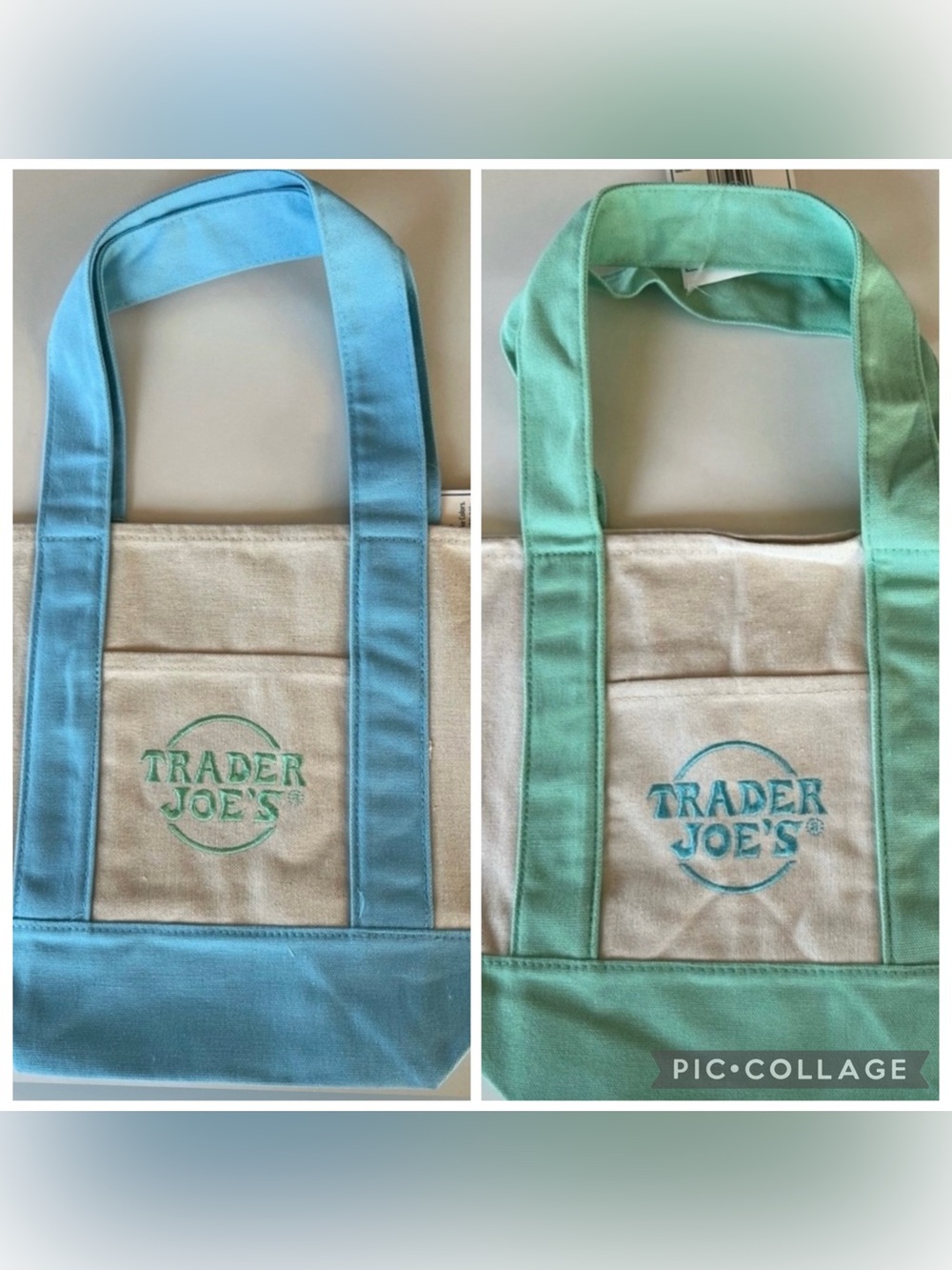 Two Trader Joe's Mini Pastel Blue & Green Canvas Tote Bags